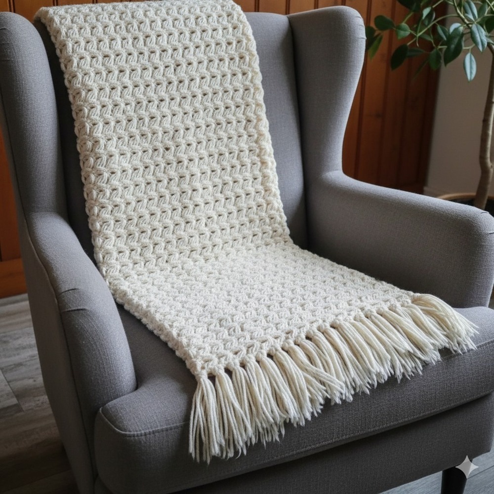 Handmade Chunky Cable Crochet Blanket Off White Ivory Throw Large 39"x59"